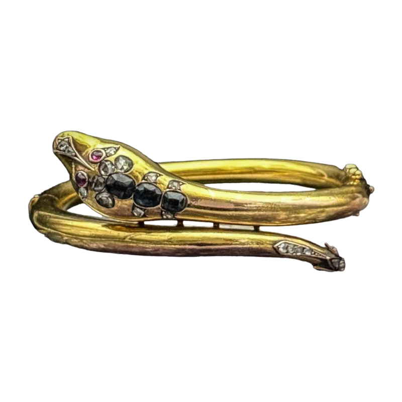 Belle époque snake bangle bracelet in gold, diamond, sapphires, emeralds, late 19th century