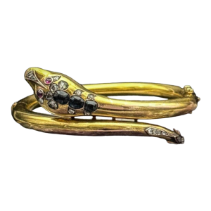 Belle époque slang-armband in goud, diamant, saffieren, smaragden, eind 19e eeuw