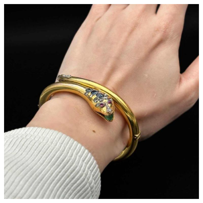 Belle époque slang-armband in goud, diamant, saffieren, smaragden, eind 19e eeuw
