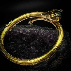 Belle époque snake bangle bracelet in gold, diamond, sapphires, emeralds, late 19th century
