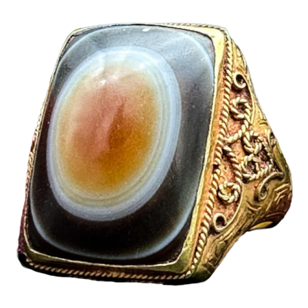 Bague Ottomane ancienne, sertie d'une agate cabochon