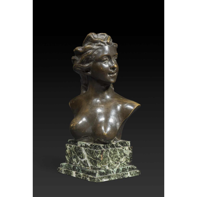 "Buste de jonge vrouw" in brons door JEF LAMBEAUX (1852-1908):