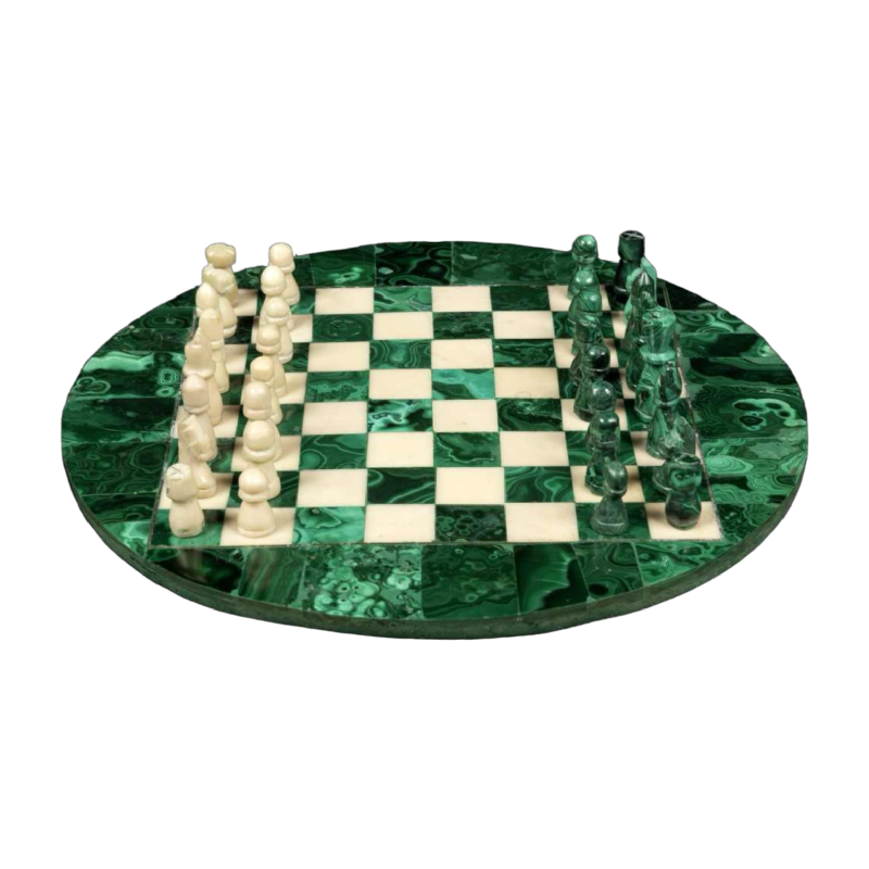Petit plateau rond déchecs en malachite et en marbre :