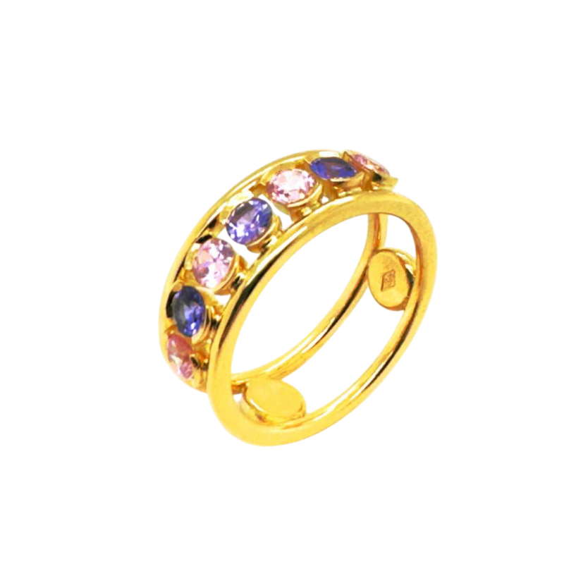 Bague en or jaune 18kt avec 7 pierres précieuses