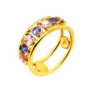 Bague en or jaune 18kt avec 7 pierres précieuses