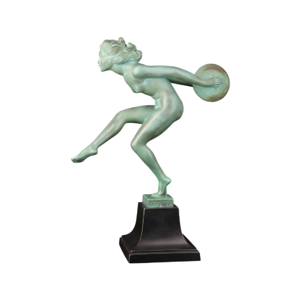 GARCIA pour MAX LE VERRIER "LANCEUSE DE DISQUES" sculpture ART DECO en métal patiné