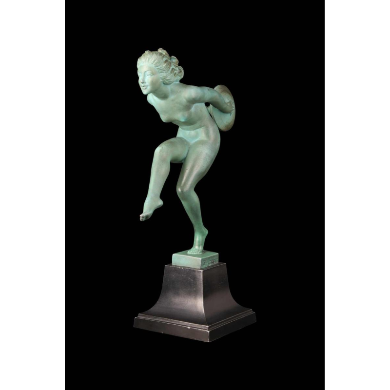 GARCIA pour MAX LE VERRIER "LANCEUSE DE DISQUES" sculpture ART DECO en métal patiné