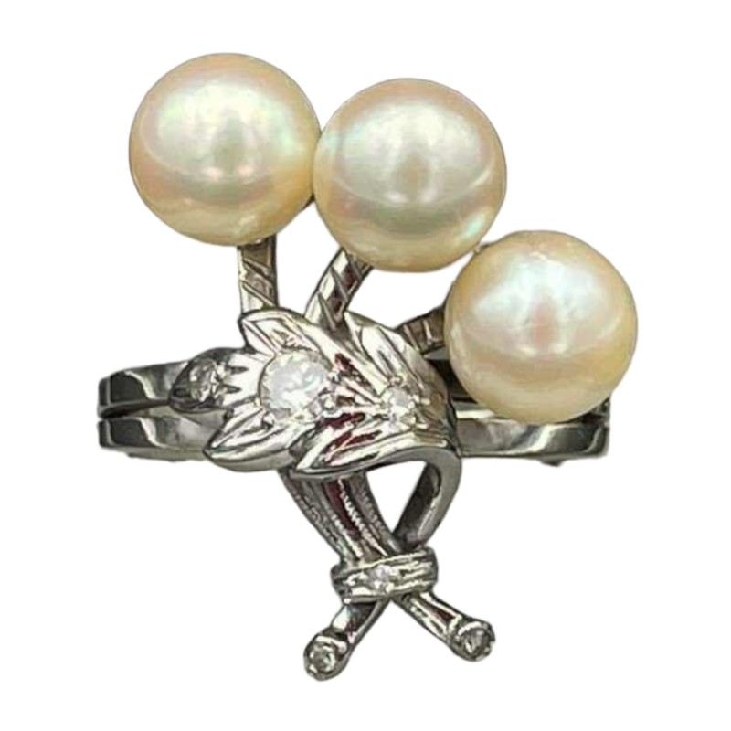 Bague gerbe en or sertie de perles et diamants