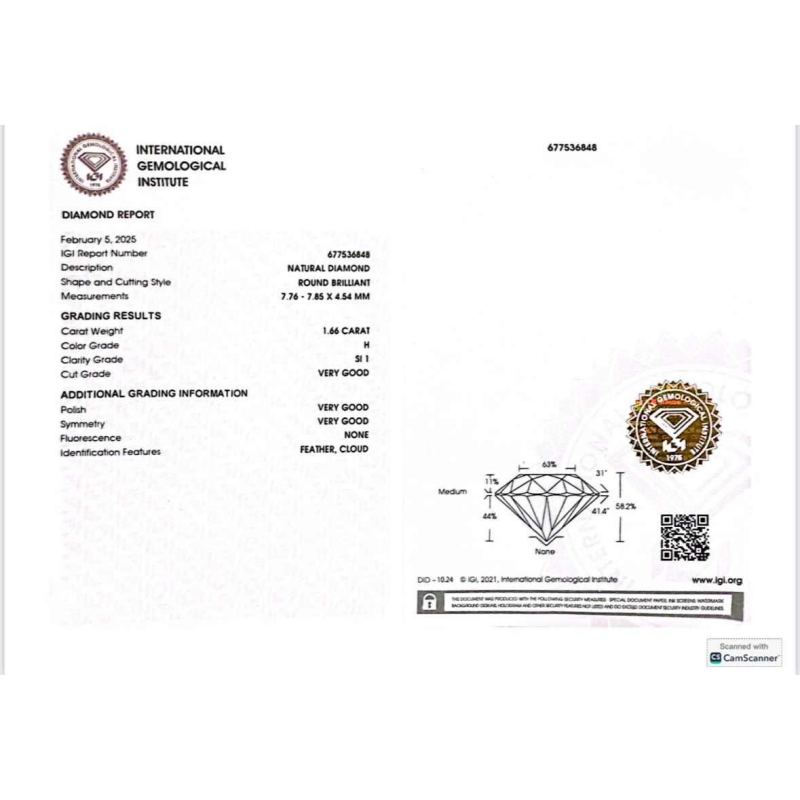 Diamant naturel rond 1.66 carat H Si1 - certifié
