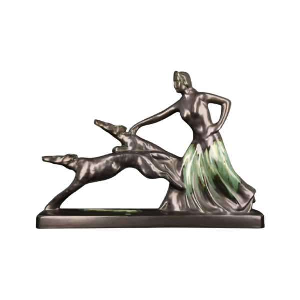 Faïencerie de Thulin "La Dame aux lévriers" sculpture en faïence émaillée, ca 1930