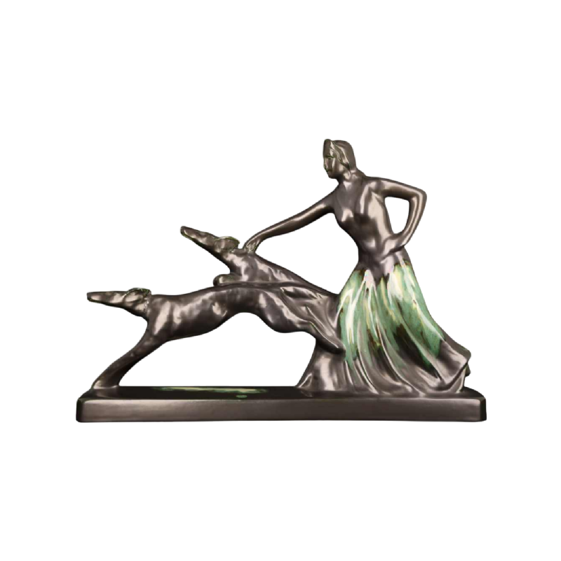 Faïencerie de Thulin "La Dame aux lévriers" sculpture en faïence émaillée, ca 1930