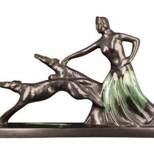 Faïencerie de Thulin ‘La Dame aux lévriers’ glazed earthenware sculpture, ca 1930