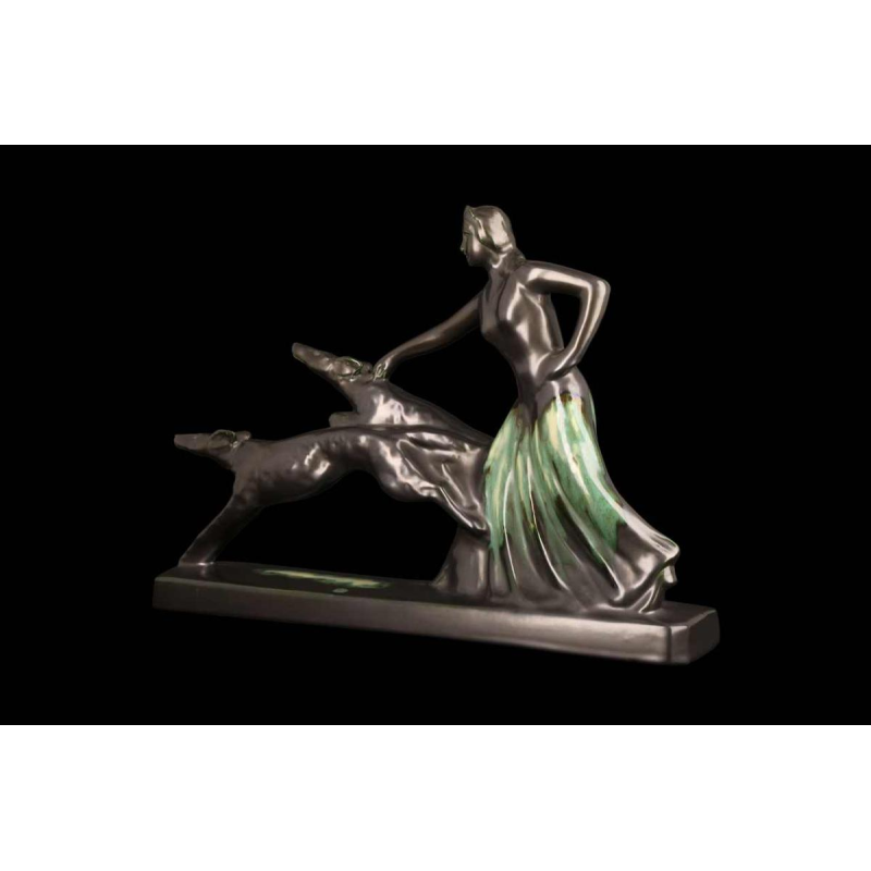 Faïencerie de Thulin "La Dame aux lévriers" sculpture en faïence émaillée, ca 1930