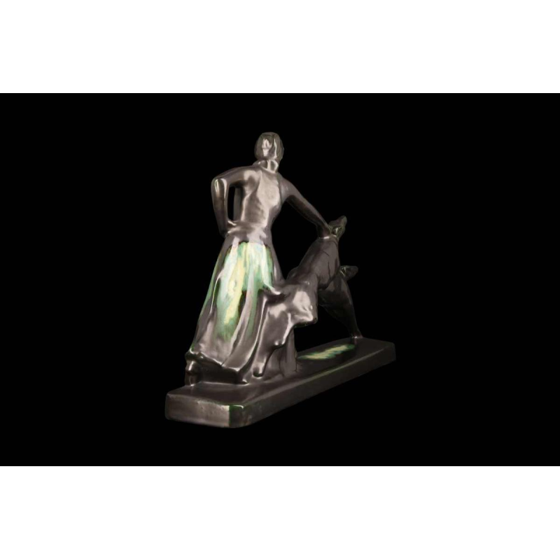 Faïencerie de Thulin "La Dame aux lévriers" sculpture en faïence émaillée, ca 1930
