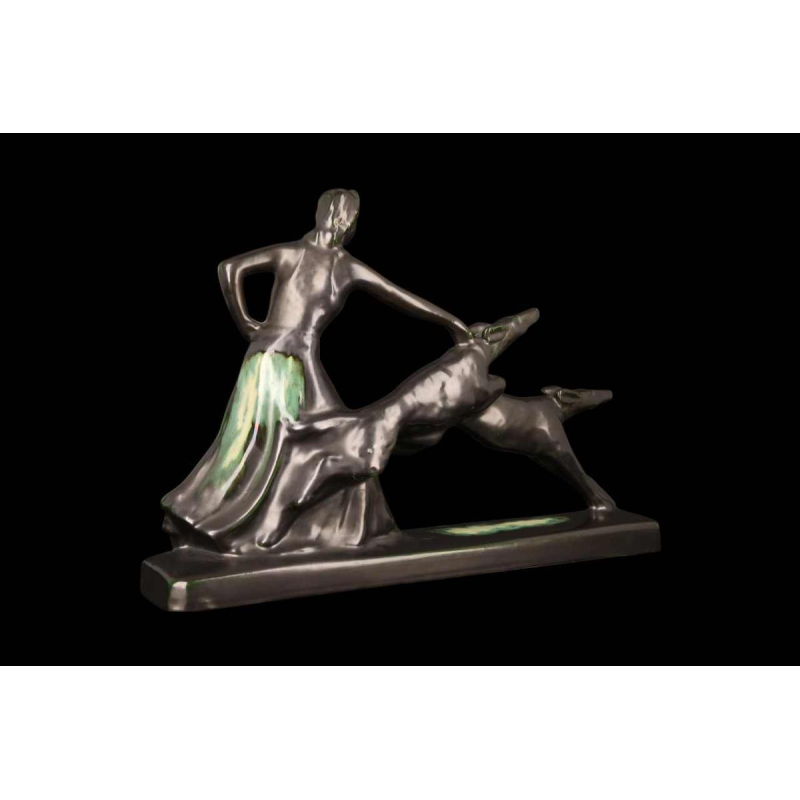 Faïencerie de Thulin ‘La Dame aux lévriers’ glazed earthenware sculpture, ca 1930