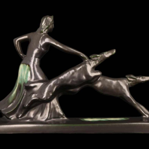 Faïencerie de Thulin ‘La Dame aux lévriers’ glazed earthenware sculpture, ca 1930