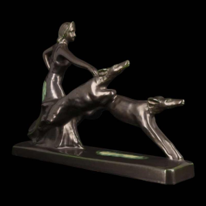 Faïencerie de Thulin ‘La Dame aux lévriers’ glazed earthenware sculpture, ca 1930
