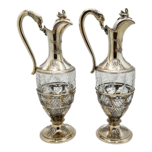 Pair Of Wine Carafes In Silver Vermeil And Cut Crystal