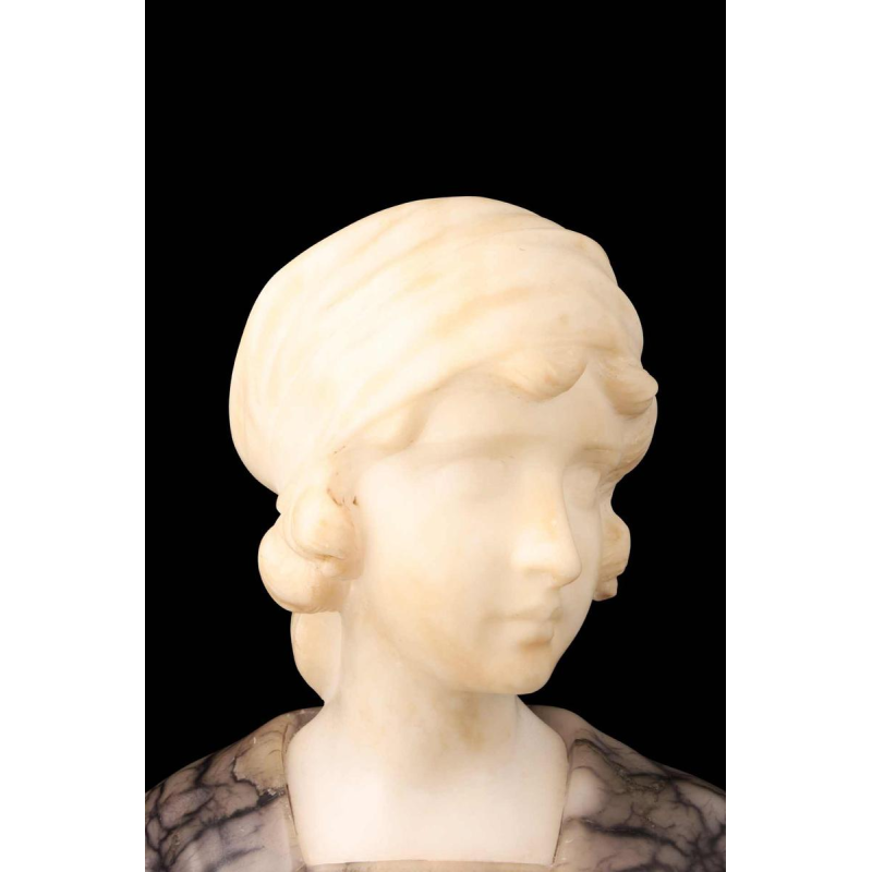 Gustave Van Vaerenbergh 'Bust of a young girl’ sculpture in alabaster and marble, late 19th c