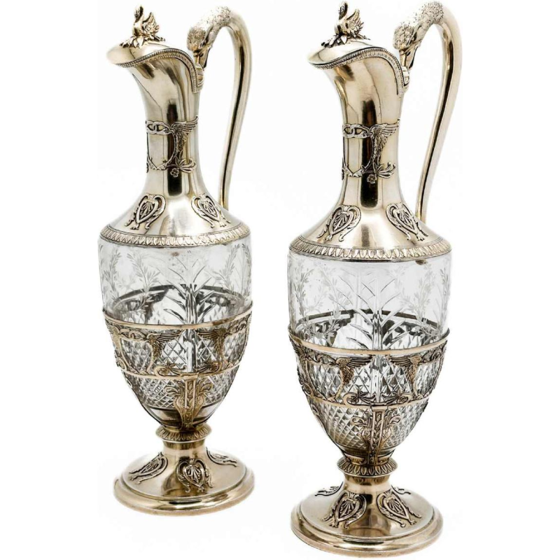 Pair Of Wine Carafes In Silver Vermeil And Cut Crystal