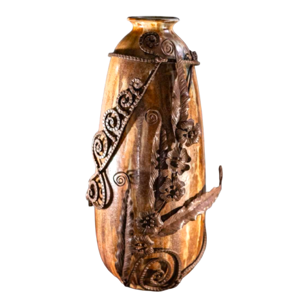 ROGER GUERIN & FRANCOIS CARION, Art Deco salted stoneware shell vase, wrought iron frame, Bouffioulx ca 1920
