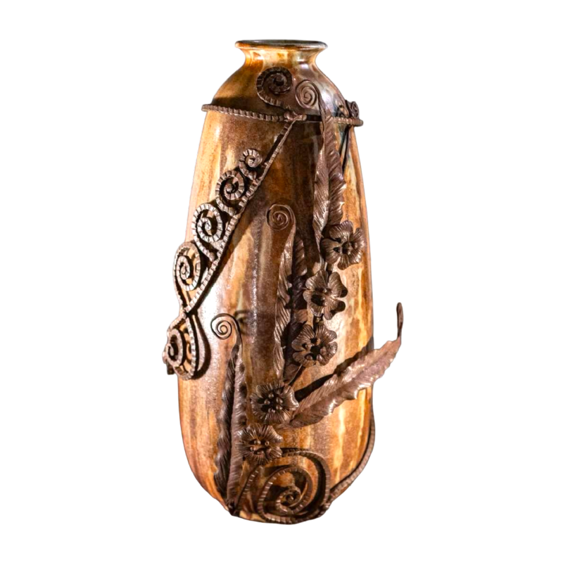 ROGER GUERIN & FRANCOIS CARION, Art Deco salted stoneware shell vase, wrought iron frame, Bouffioulx ca 1920