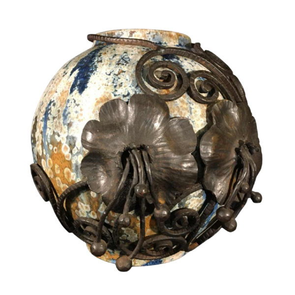 Roger Guérin & François Carion, Art Deco ball vase, Bouffioulx stoneware and wrought iron, ca 1925