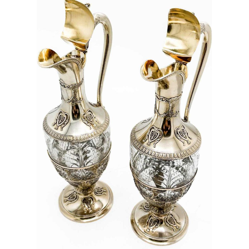 Pair Of Wine Carafes In Silver Vermeil And Cut Crystal