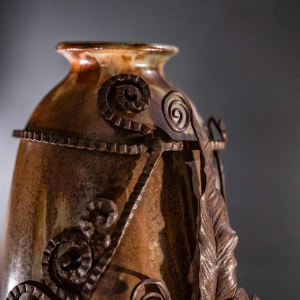 ROGER GUERIN & FRANCOIS CARION, Art Deco salted stoneware shell vase, wrought iron frame, Bouffioulx ca 1920