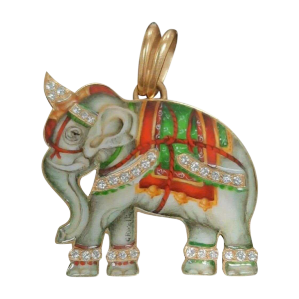 Elephant pendant in gold, hand-painted enamel with diamonds