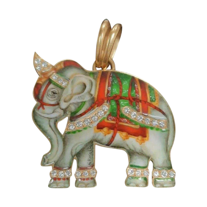 Elephant pendant in gold, hand-painted enamel with diamonds
