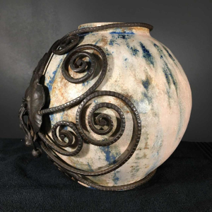 Roger Guérin & François Carion, Art Deco ball vase, Bouffioulx stoneware and wrought iron, ca 1925