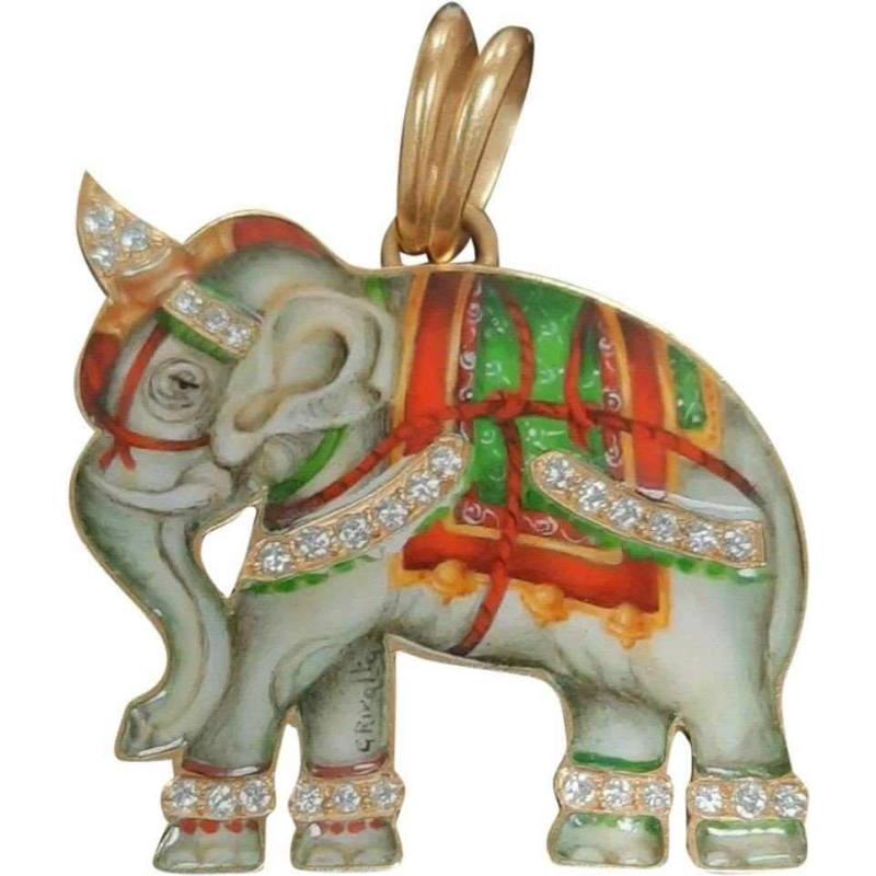 Elephant pendant in gold, hand-painted enamel with diamonds
