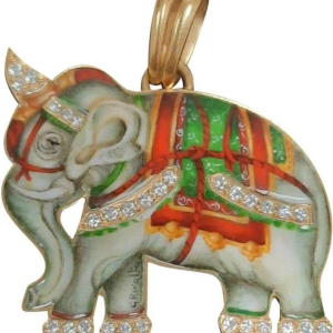 Elephant pendant in gold, hand-painted enamel with diamonds