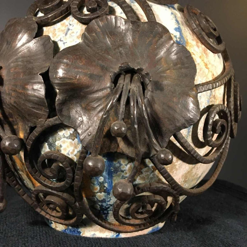 Roger Guérin & François Carion, Art Deco ball vase, Bouffioulx stoneware and wrought iron, ca 1925