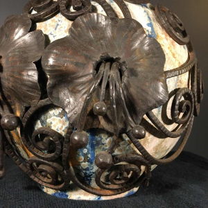 Roger Guérin & François Carion, Art Deco ball vase, Bouffioulx stoneware and wrought iron, ca 1925