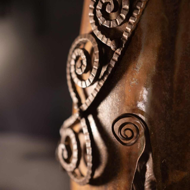 ROGER GUERIN & FRANCOIS CARION, Art Deco salted stoneware shell vase, wrought iron frame, Bouffioulx ca 1920