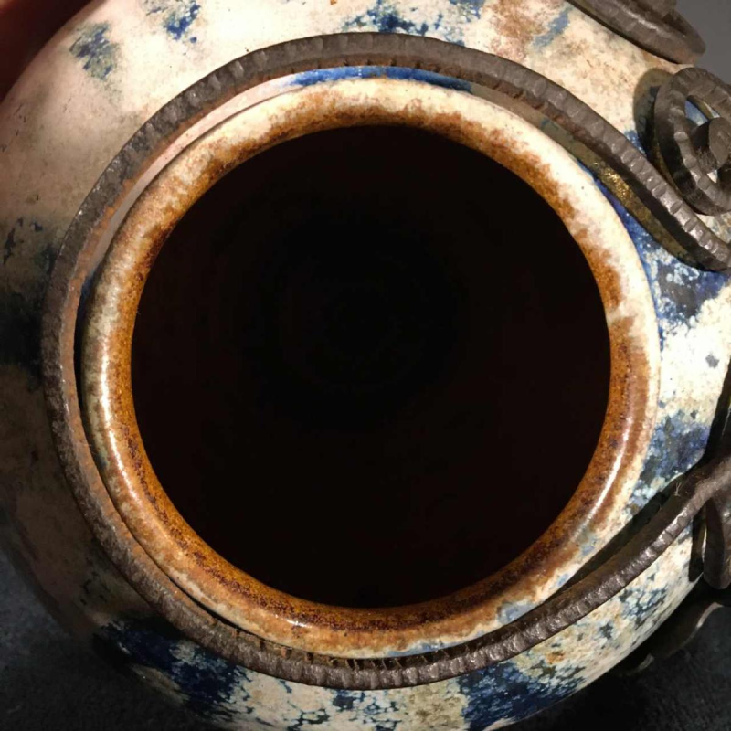 Roger Guérin & François Carion, vase boule Art Déco, grès de Bouffioulx et fer forgé, ca 1925