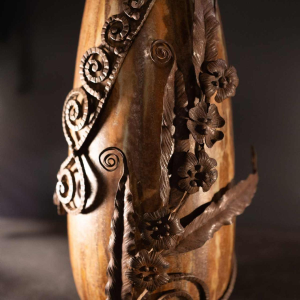 ROGER GUERIN & FRANCOIS CARION, Art Deco salted stoneware shell vase, wrought iron frame, Bouffioulx ca 1920