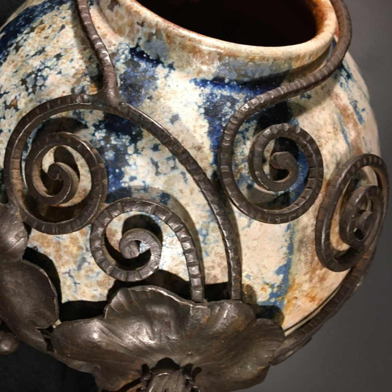 Roger Guérin & François Carion, Art Deco ball vase, Bouffioulx stoneware and wrought iron, ca 1925