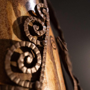 ROGER GUERIN & FRANCOIS CARION, Art Deco salted stoneware shell vase, wrought iron frame, Bouffioulx ca 1920