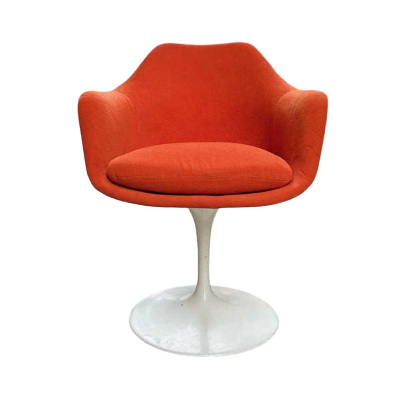 Eero Saarinen pour Knoll, fauteuil Tulipe pivotant blanc, tissu orange, années 50