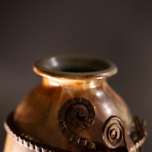 ROGER GUERIN & FRANCOIS CARION, Art Deco salted stoneware shell vase, wrought iron frame, Bouffioulx ca 1920