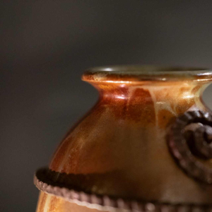 ROGER GUERIN & FRANCOIS CARION, Art Deco salted stoneware shell vase, wrought iron frame, Bouffioulx ca 1920