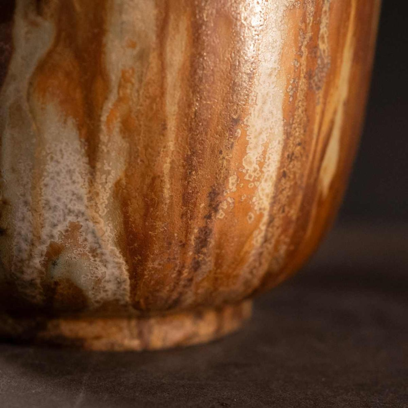 ROGER GUERIN & FRANCOIS CARION, Art Deco salted stoneware shell vase, wrought iron frame, Bouffioulx ca 1920