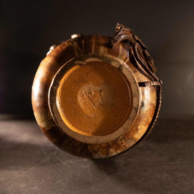 ROGER GUERIN & FRANCOIS CARION, Art Deco salted stoneware shell vase, wrought iron frame, Bouffioulx ca 1920