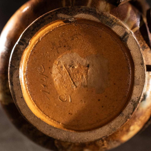 ROGER GUERIN & FRANCOIS CARION, Art Deco salted stoneware shell vase, wrought iron frame, Bouffioulx ca 1920