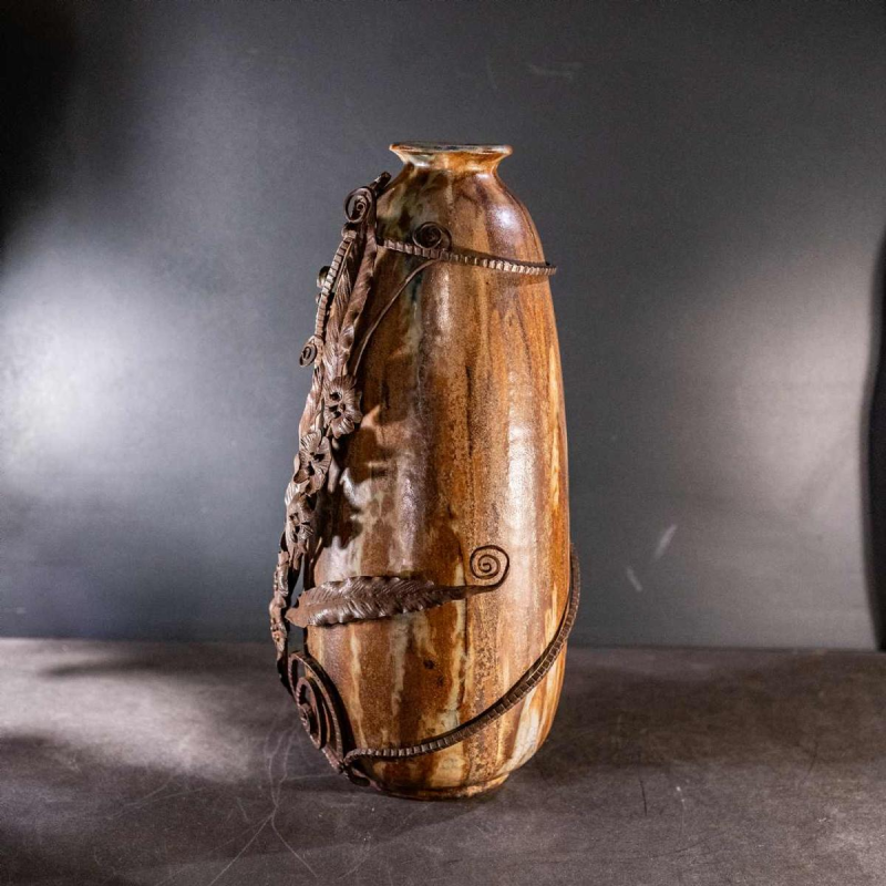 ROGER GUERIN & FRANCOIS CARION, Art Deco salted stoneware shell vase, wrought iron frame, Bouffioulx ca 1920