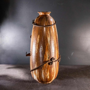 ROGER GUERIN & FRANCOIS CARION, vase obus Art Déco en gre`s sale´ grand feu, monture fer forge´, Bouffioulx ca 1920