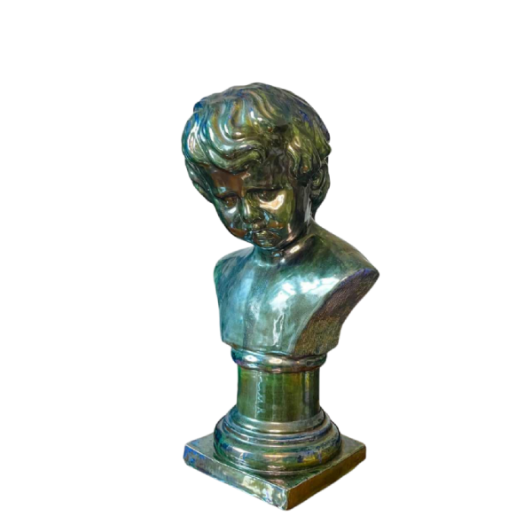 Louis Gustave Cambier & Roger Guérin, sculpture ‘ Bust of a young boy ’ salted stoneware, Bouffioulx ca 1925